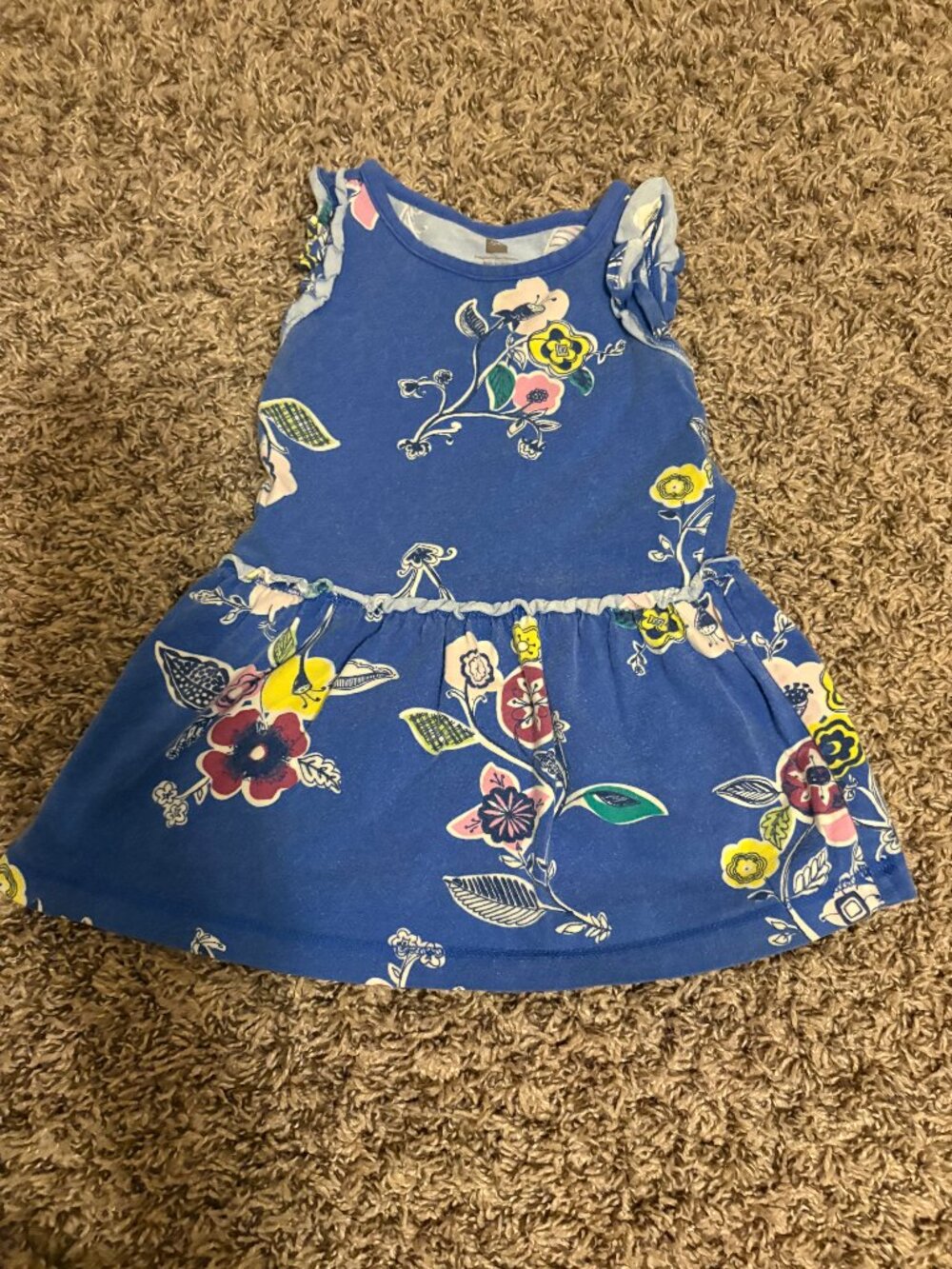 Tea Collection Floral Dress 12-18 Months Blue Ruffle Sleeveless 100% Cotton Sun